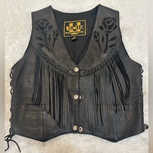 UNIK Black Leather Fringe Roses Biker Vest Size Small Vintage